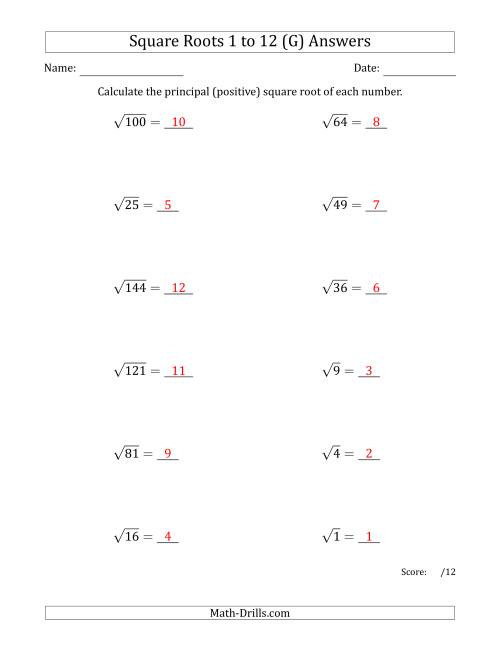The Principal Square Roots 1 to 12 (G) Math Worksheet Page 2