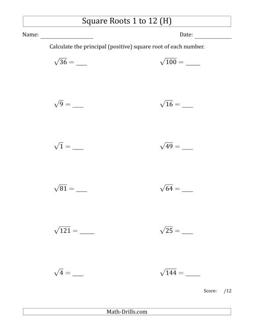 The Principal Square Roots 1 to 12 (H) Math Worksheet