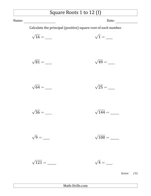 The Principal Square Roots 1 to 12 (I) Math Worksheet