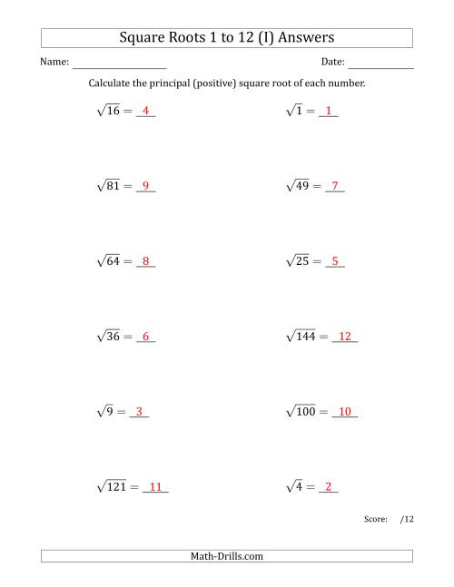The Principal Square Roots 1 to 12 (I) Math Worksheet Page 2