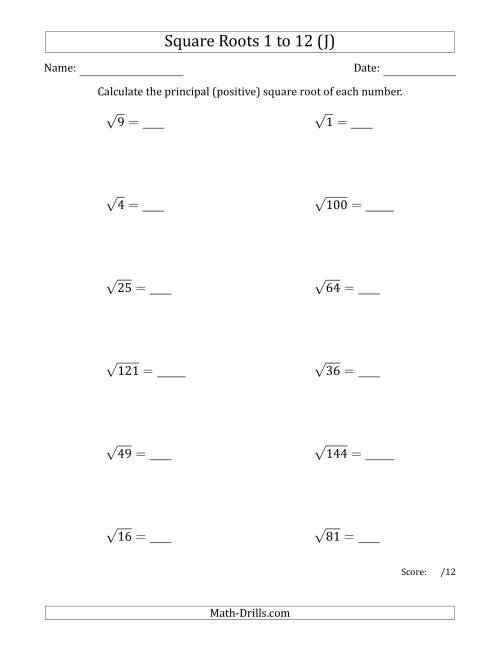 The Principal Square Roots 1 to 12 (J) Math Worksheet