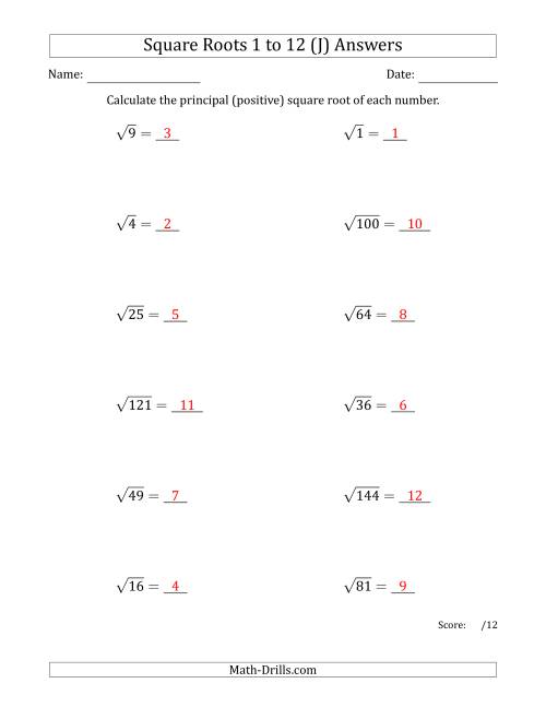 The Principal Square Roots 1 to 12 (J) Math Worksheet Page 2
