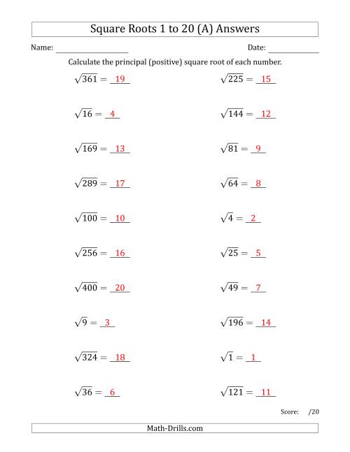 The Principal Square Roots 1 to 20 (A) Math Worksheet Page 2