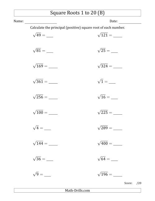 The Principal Square Roots 1 to 20 (B) Math Worksheet