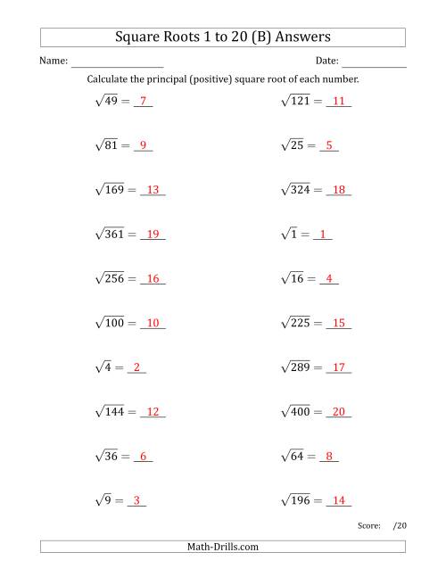 The Principal Square Roots 1 to 20 (B) Math Worksheet Page 2