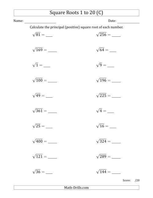 The Principal Square Roots 1 to 20 (C) Math Worksheet