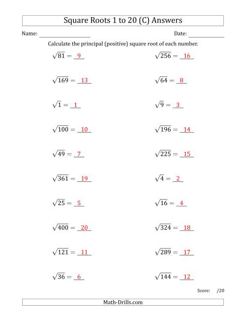 The Principal Square Roots 1 to 20 (C) Math Worksheet Page 2