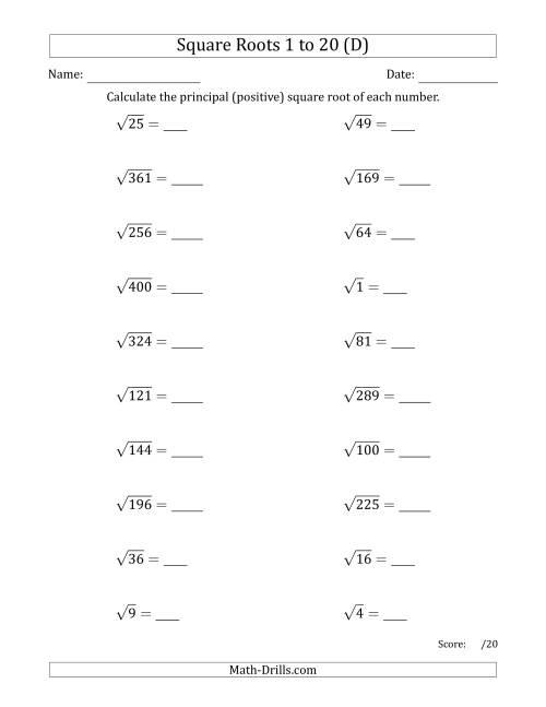 The Principal Square Roots 1 to 20 (D) Math Worksheet