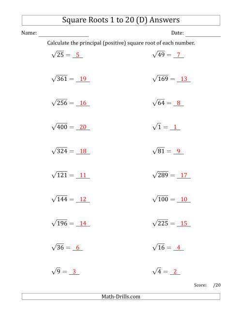 The Principal Square Roots 1 to 20 (D) Math Worksheet Page 2