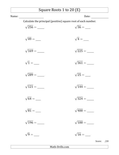 The Principal Square Roots 1 to 20 (E) Math Worksheet