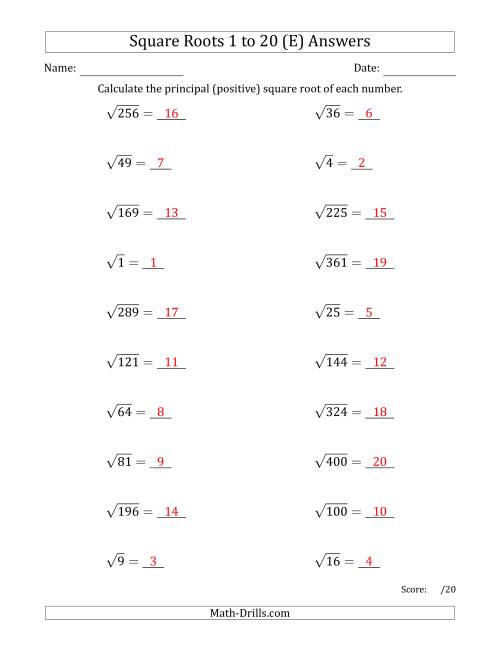 The Principal Square Roots 1 to 20 (E) Math Worksheet Page 2