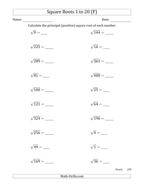The Principal Square Roots 1 to 20 (F) Math Worksheet