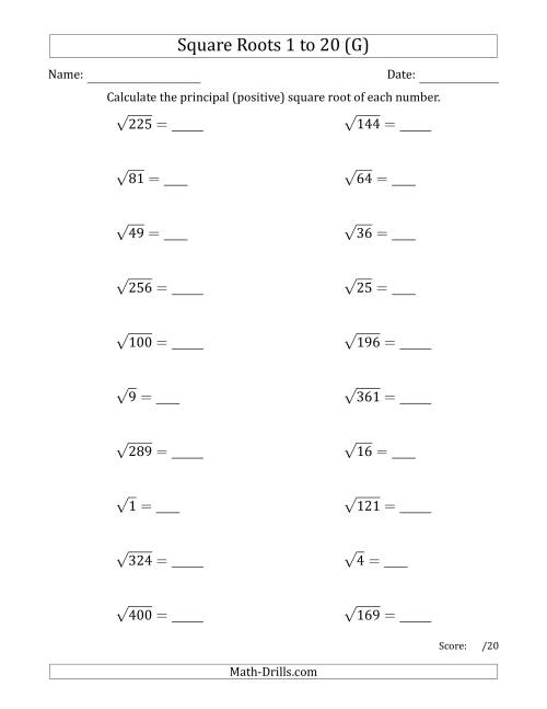 The Principal Square Roots 1 to 20 (G) Math Worksheet