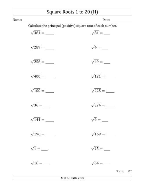 The Principal Square Roots 1 to 20 (H) Math Worksheet