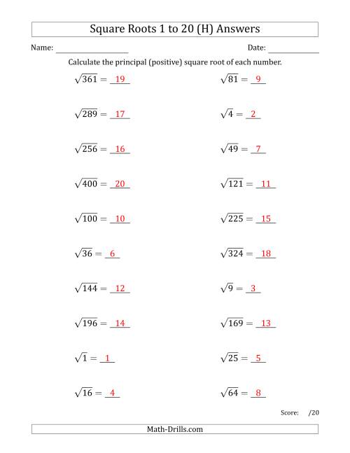 The Principal Square Roots 1 to 20 (H) Math Worksheet Page 2