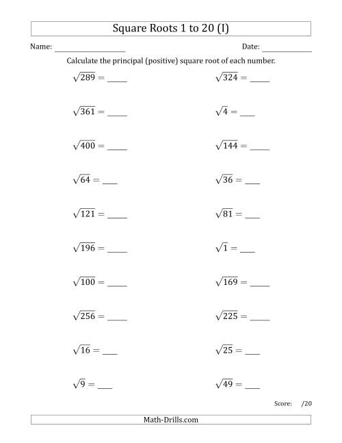 The Principal Square Roots 1 to 20 (I) Math Worksheet