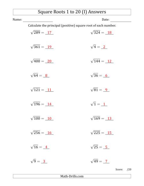 The Principal Square Roots 1 to 20 (I) Math Worksheet Page 2