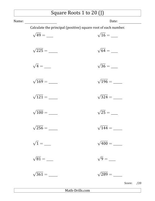 The Principal Square Roots 1 to 20 (J) Math Worksheet