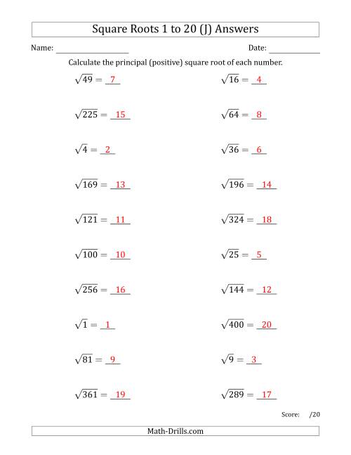 The Principal Square Roots 1 to 20 (J) Math Worksheet Page 2