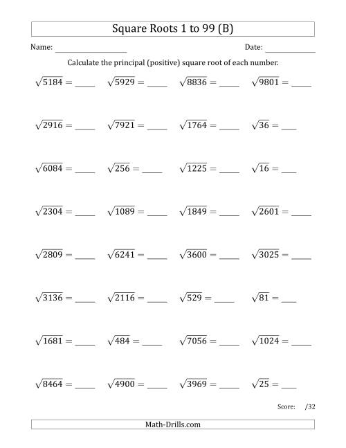 The Principal Square Roots 1 to 99 (B) Math Worksheet