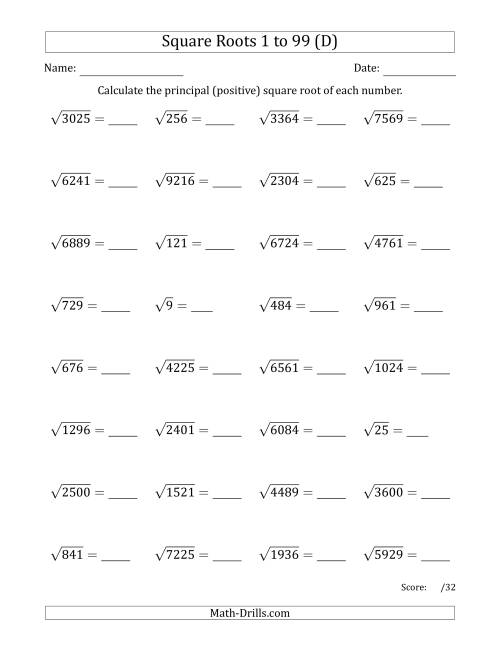 The Principal Square Roots 1 to 99 (D) Math Worksheet