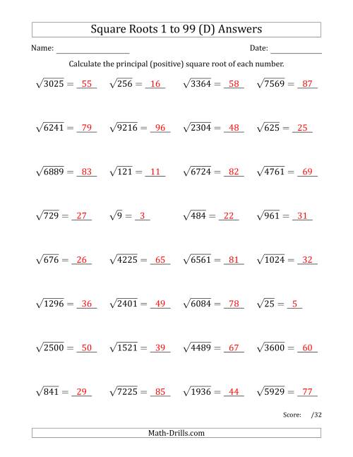 The Principal Square Roots 1 to 99 (D) Math Worksheet Page 2