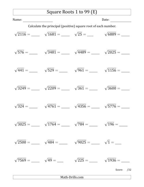 The Principal Square Roots 1 to 99 (E) Math Worksheet