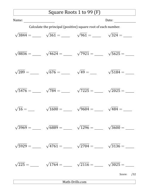 The Principal Square Roots 1 to 99 (F) Math Worksheet