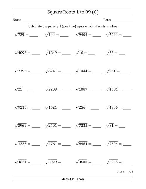 The Principal Square Roots 1 to 99 (G) Math Worksheet