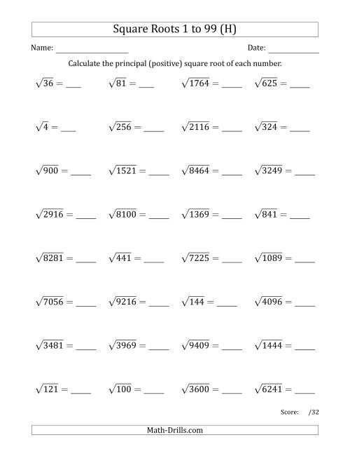 The Principal Square Roots 1 to 99 (H) Math Worksheet