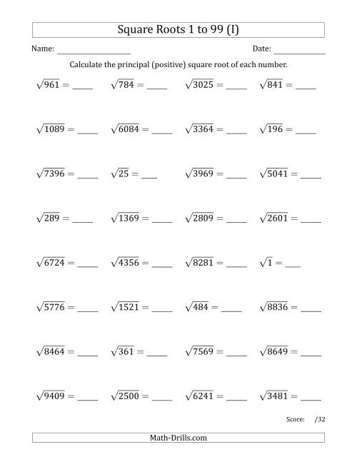 The Principal Square Roots 1 to 99 (I) Math Worksheet