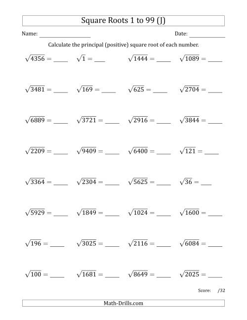 The Principal Square Roots 1 to 99 (J) Math Worksheet
