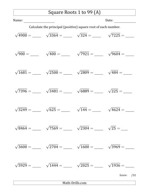 The Principal Square Roots 1 to 99 (All) Math Worksheet