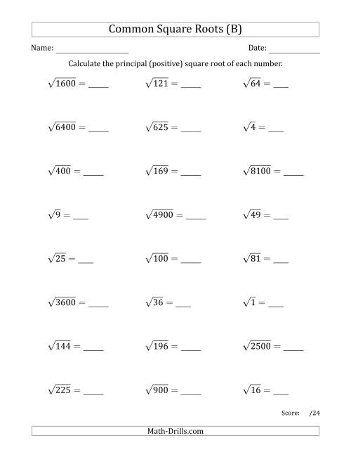The Principal Square Roots (Common) (B) Math Worksheet