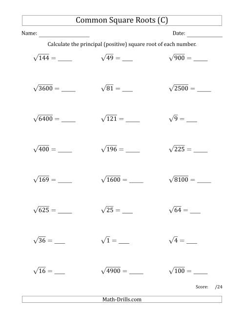 The Principal Square Roots (Common) (C) Math Worksheet