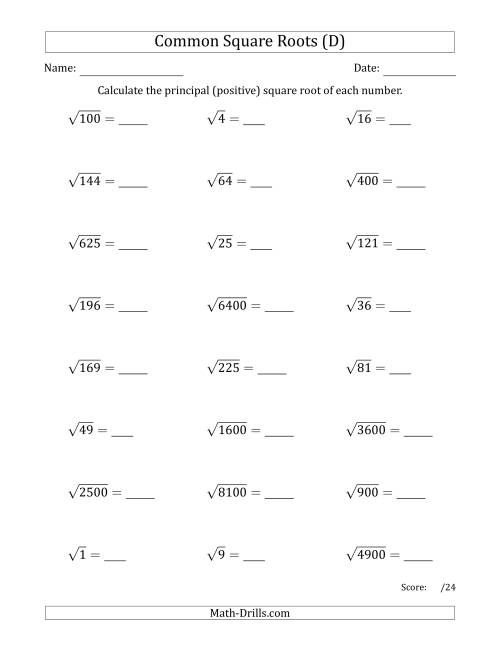 The Principal Square Roots (Common) (D) Math Worksheet