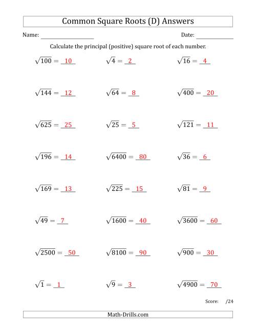 The Principal Square Roots (Common) (D) Math Worksheet Page 2