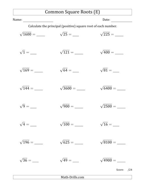 The Principal Square Roots (Common) (E) Math Worksheet