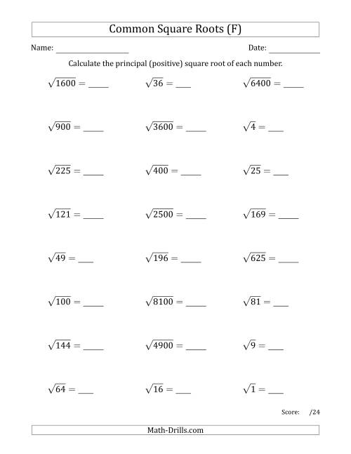 The Principal Square Roots (Common) (F) Math Worksheet
