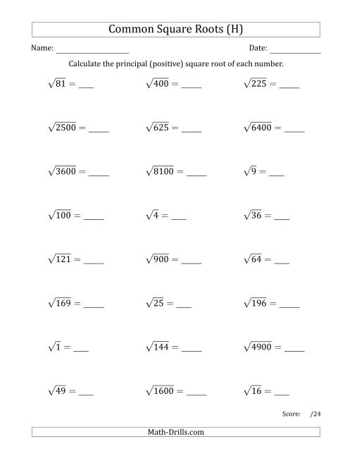 The Principal Square Roots (Common) (H) Math Worksheet