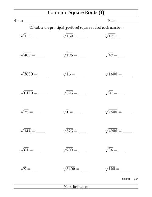 The Principal Square Roots (Common) (I) Math Worksheet