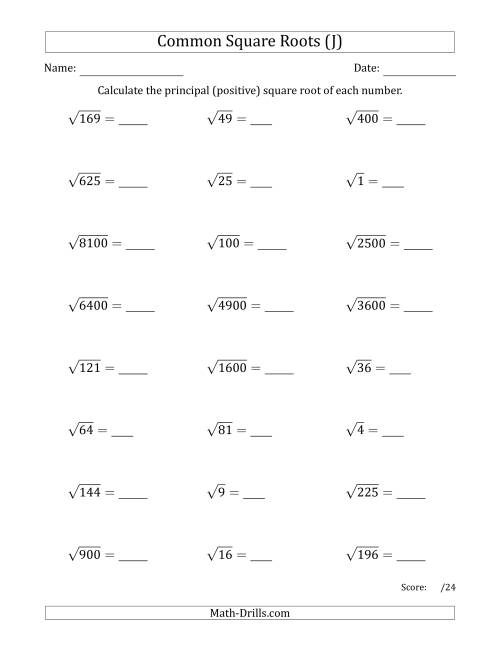 The Principal Square Roots (Common) (J) Math Worksheet