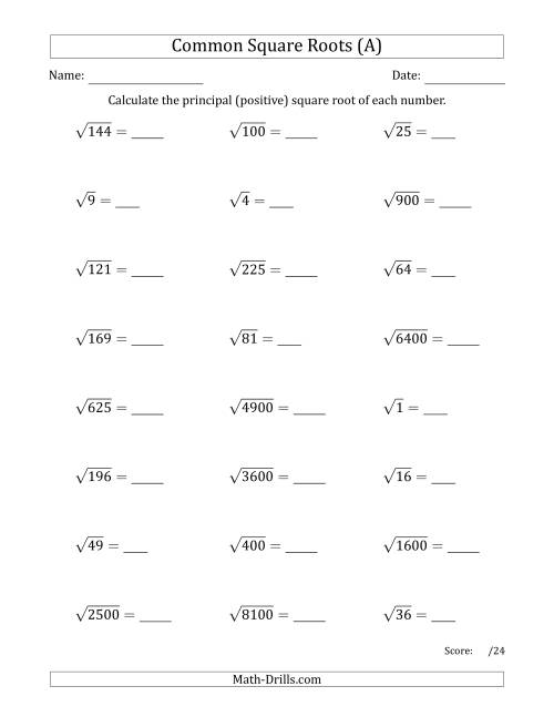 The Principal Square Roots (Common) (All) Math Worksheet