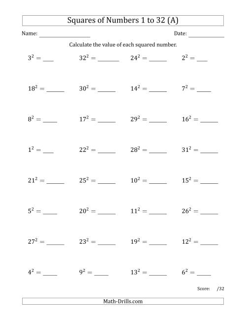 The Squares of Numbers from 1 to 32 (A) Math Worksheet