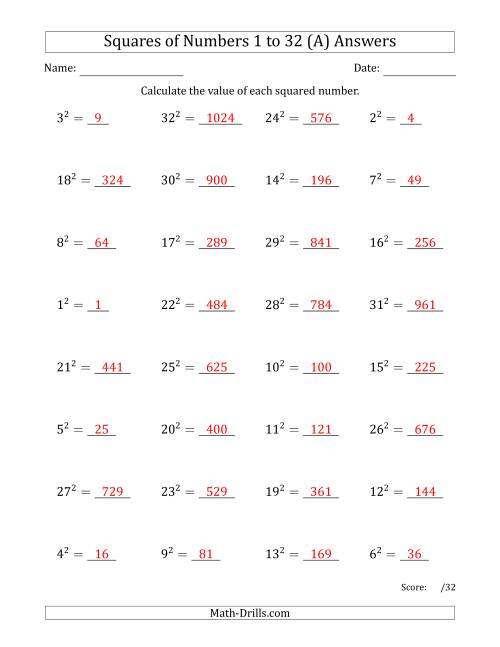 The Squares of Numbers from 1 to 32 (A) Math Worksheet Page 2