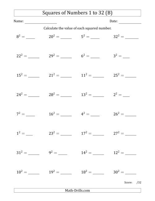 The Squares of Numbers from 1 to 32 (B) Math Worksheet