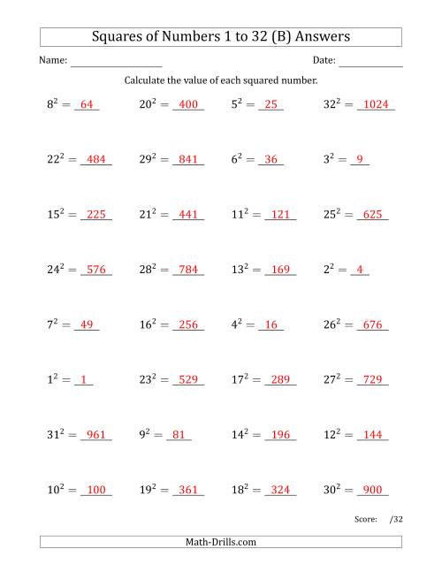 The Squares of Numbers from 1 to 32 (B) Math Worksheet Page 2