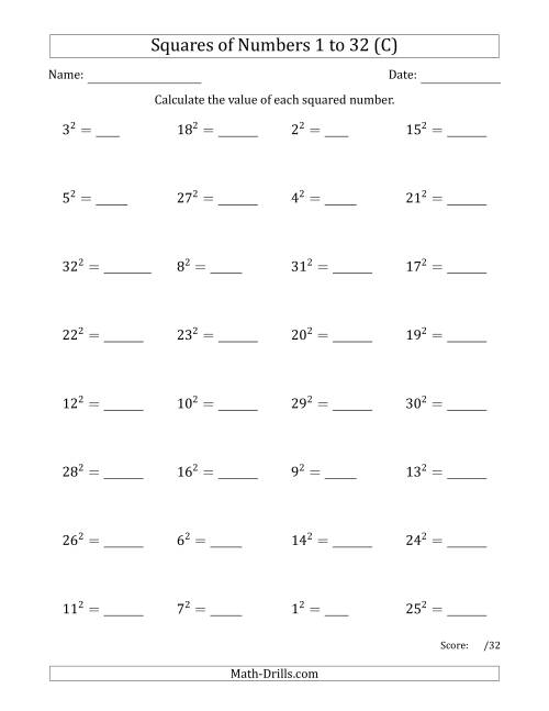 The Squares of Numbers from 1 to 32 (C) Math Worksheet