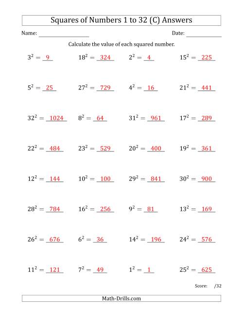 The Squares of Numbers from 1 to 32 (C) Math Worksheet Page 2