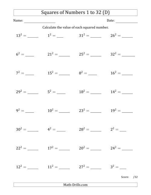 The Squares of Numbers from 1 to 32 (D) Math Worksheet